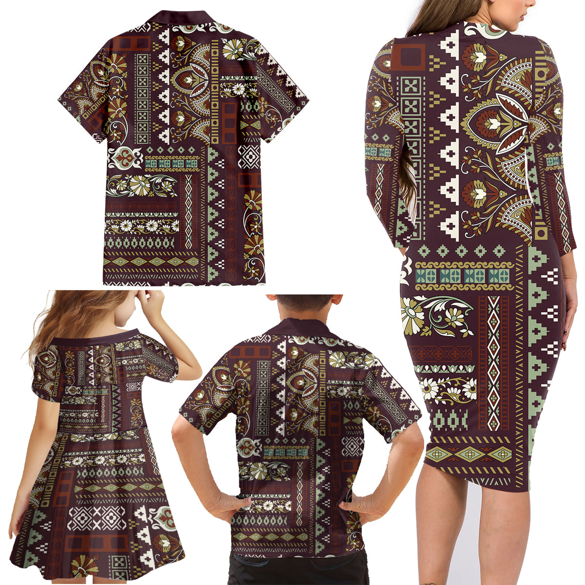 Persian Patchwork Pattern Family Matching Long Sleeve Bodycon Dress and Hawaiian Shirt Unique Brown - Wonder Print Shop