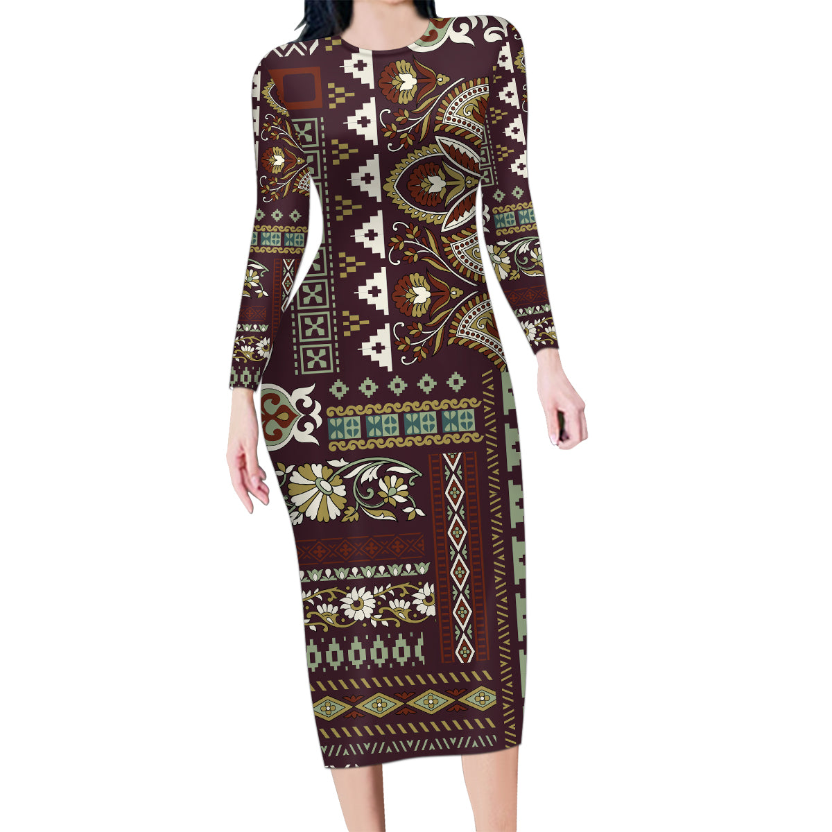 Persian Patchwork Pattern Family Matching Long Sleeve Bodycon Dress and Hawaiian Shirt Unique Brown - Wonder Print Shop