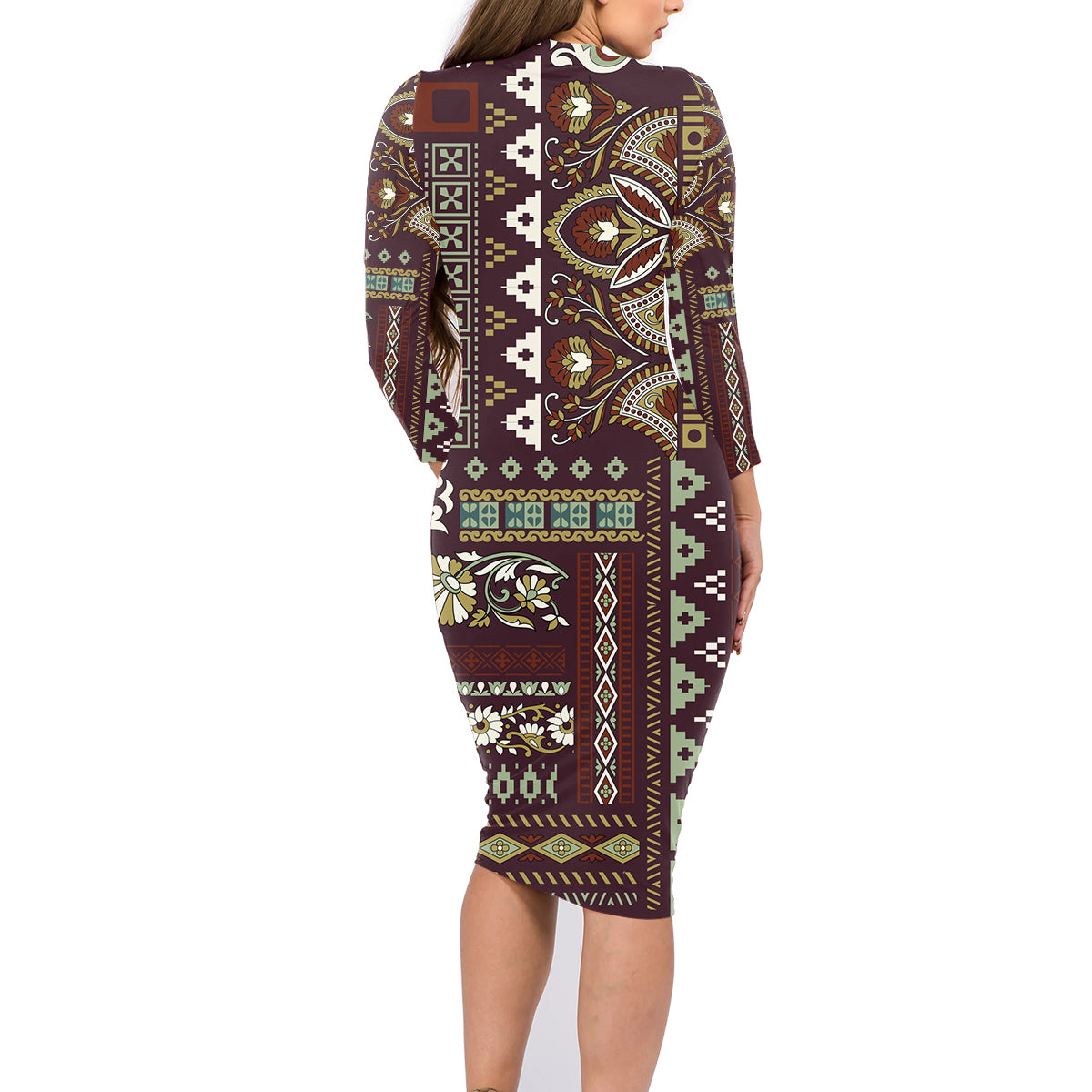 Persian Patchwork Pattern Family Matching Long Sleeve Bodycon Dress and Hawaiian Shirt Unique Brown - Wonder Print Shop