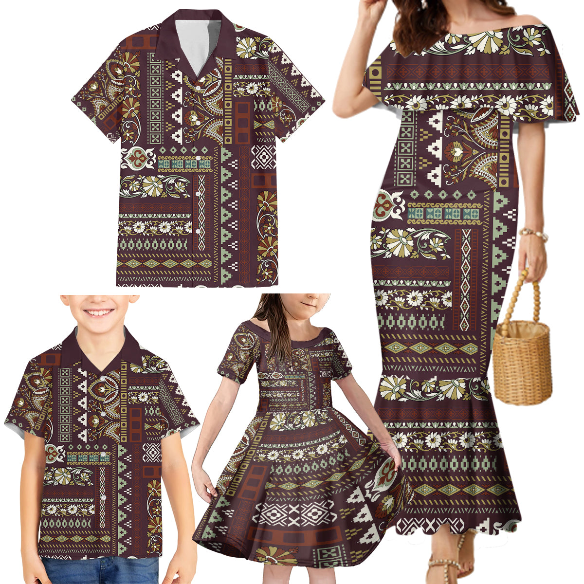 Persian Patchwork Pattern Family Matching Mermaid Dress and Hawaiian Shirt Unique Brown - Wonder Print Shop