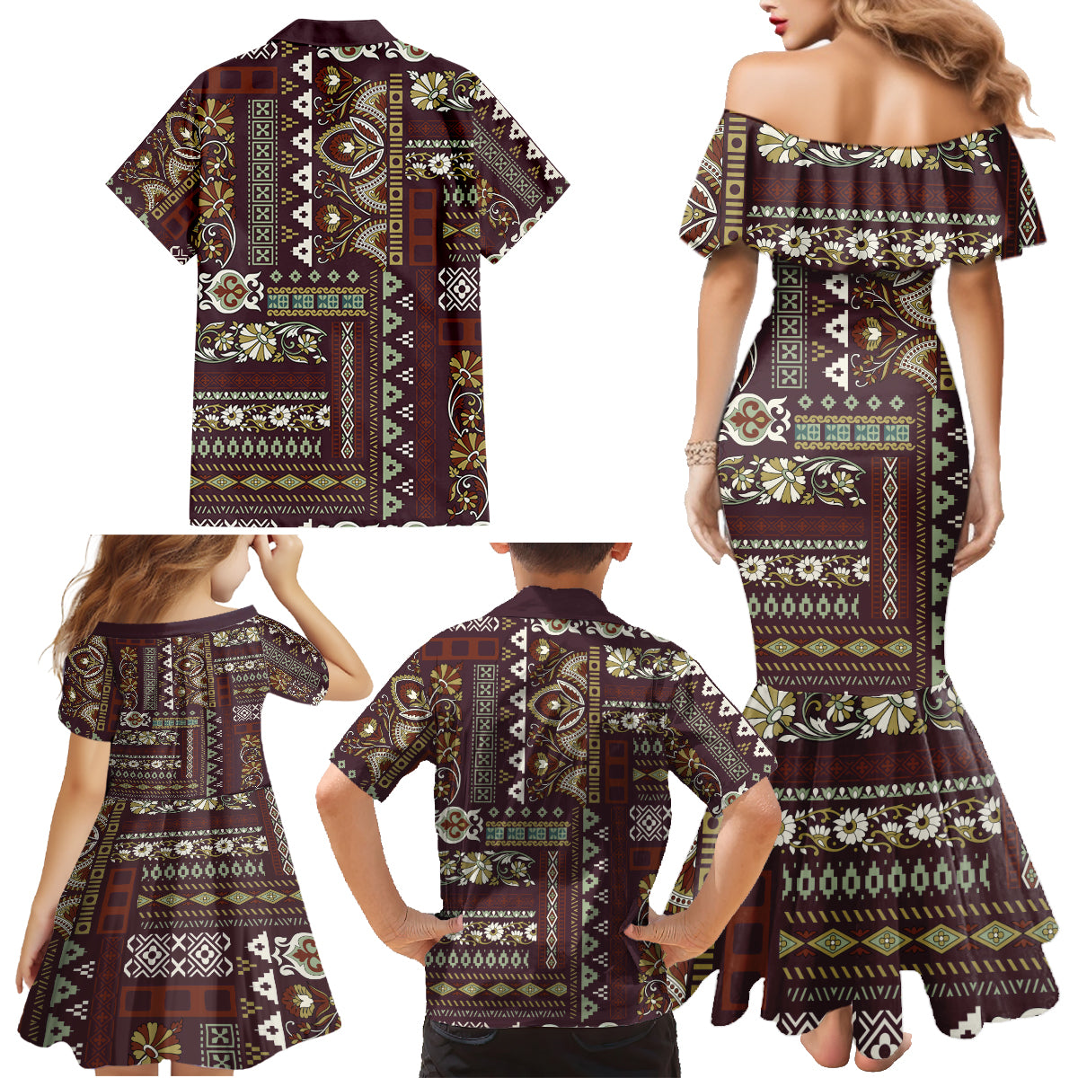 Persian Patchwork Pattern Family Matching Mermaid Dress and Hawaiian Shirt Unique Brown - Wonder Print Shop