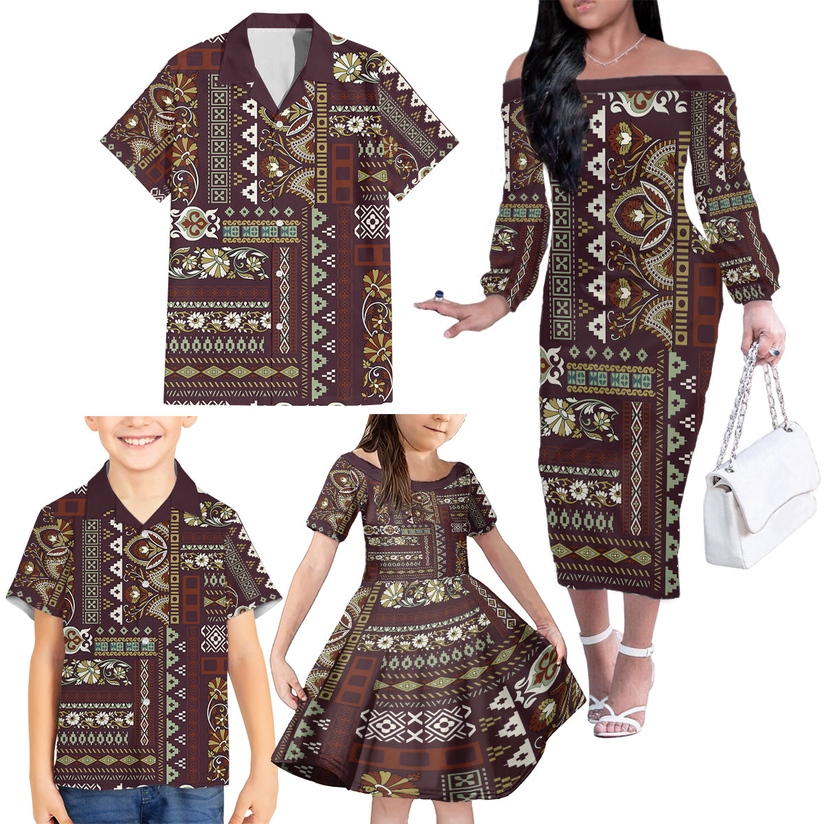 Persian Patchwork Pattern Family Matching Off Shoulder Long Sleeve Dress and Hawaiian Shirt Unique Brown - Wonder Print Shop