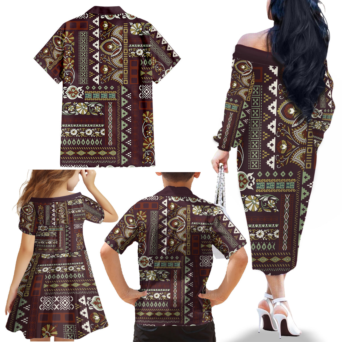 Persian Patchwork Pattern Family Matching Off Shoulder Long Sleeve Dress and Hawaiian Shirt Unique Brown - Wonder Print Shop