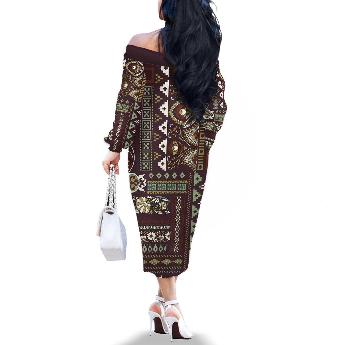 Persian Patchwork Pattern Family Matching Off Shoulder Long Sleeve Dress and Hawaiian Shirt Unique Brown - Wonder Print Shop