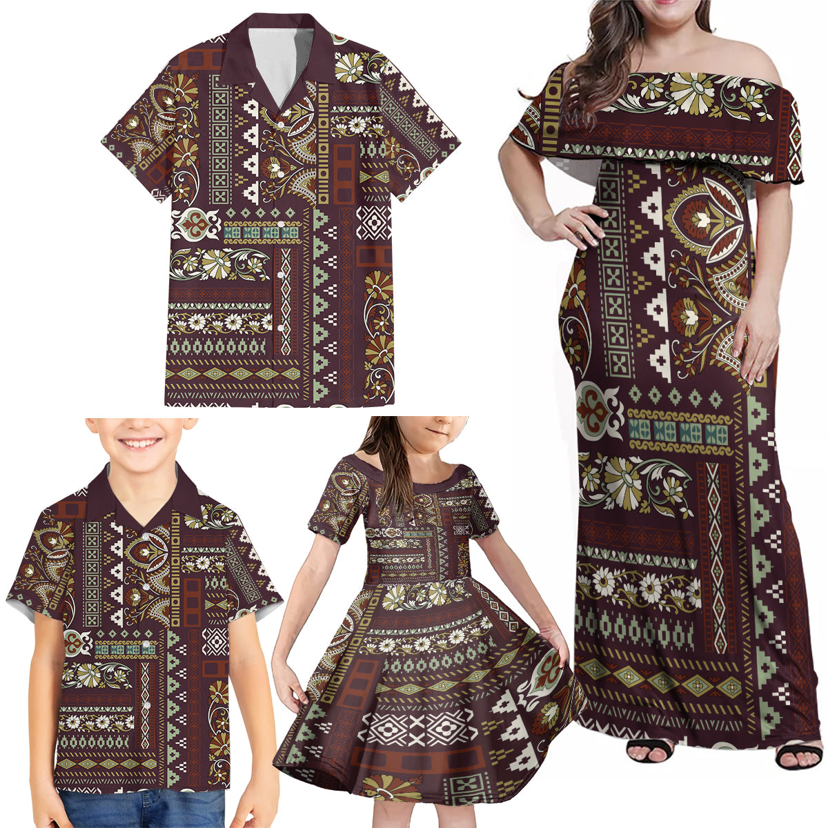 Persian Patchwork Pattern Family Matching Off Shoulder Maxi Dress and Hawaiian Shirt Unique Brown - Wonder Print Shop