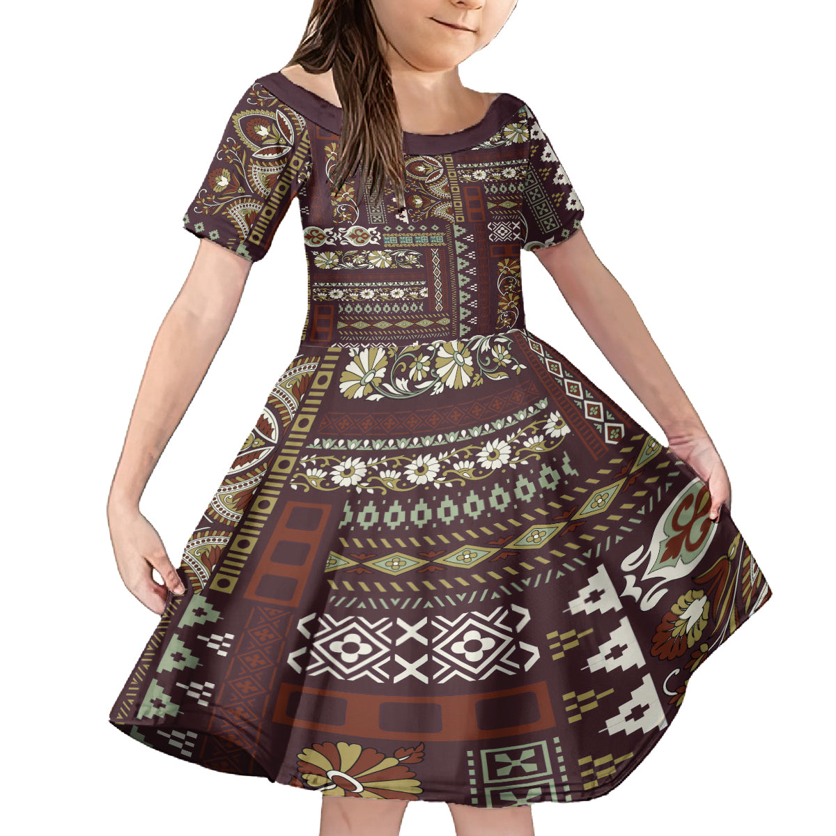 Persian Patchwork Pattern Family Matching Off Shoulder Short Dress and Hawaiian Shirt Unique Brown - Wonder Print Shop