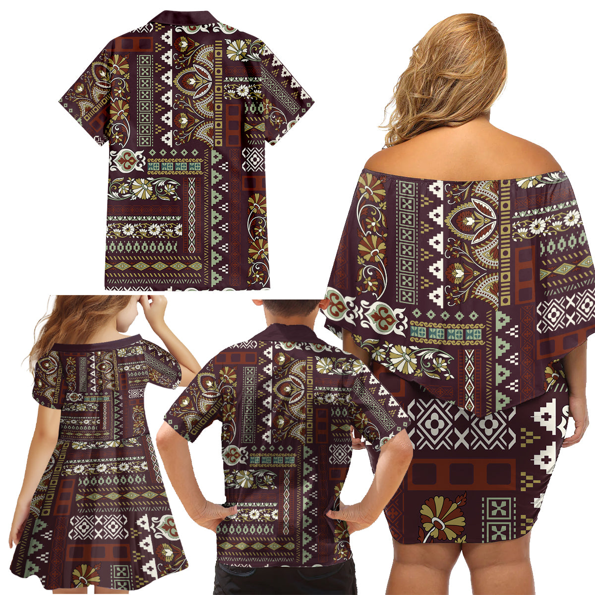 Persian Patchwork Pattern Family Matching Off Shoulder Short Dress and Hawaiian Shirt Unique Brown - Wonder Print Shop