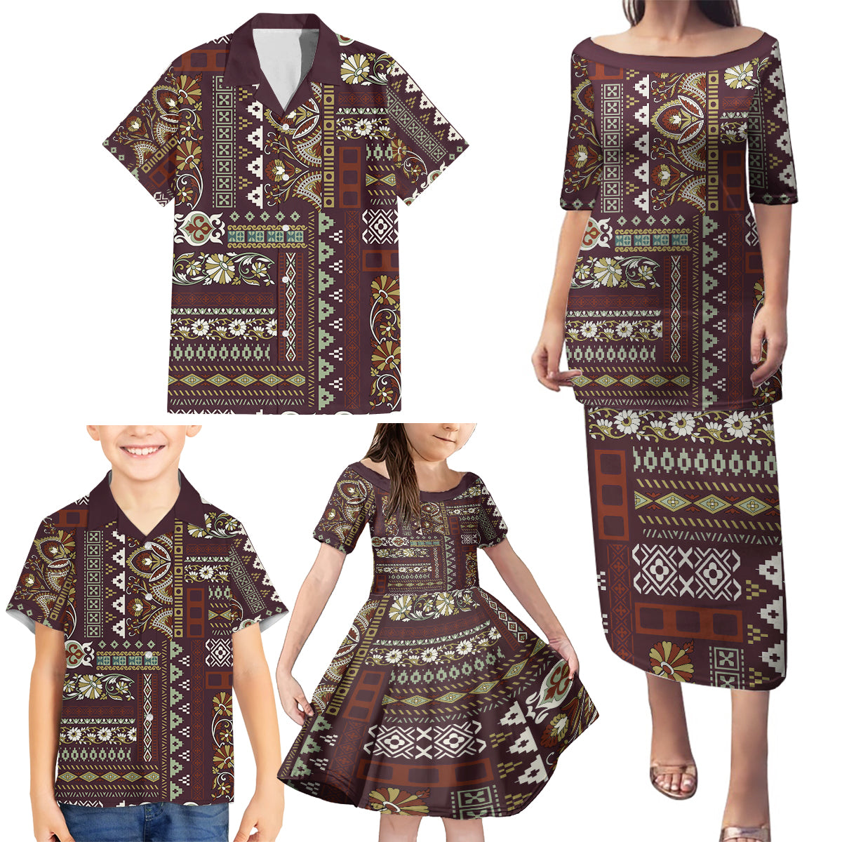 Persian Patchwork Pattern Family Matching Puletasi and Hawaiian Shirt Unique Brown - Wonder Print Shop