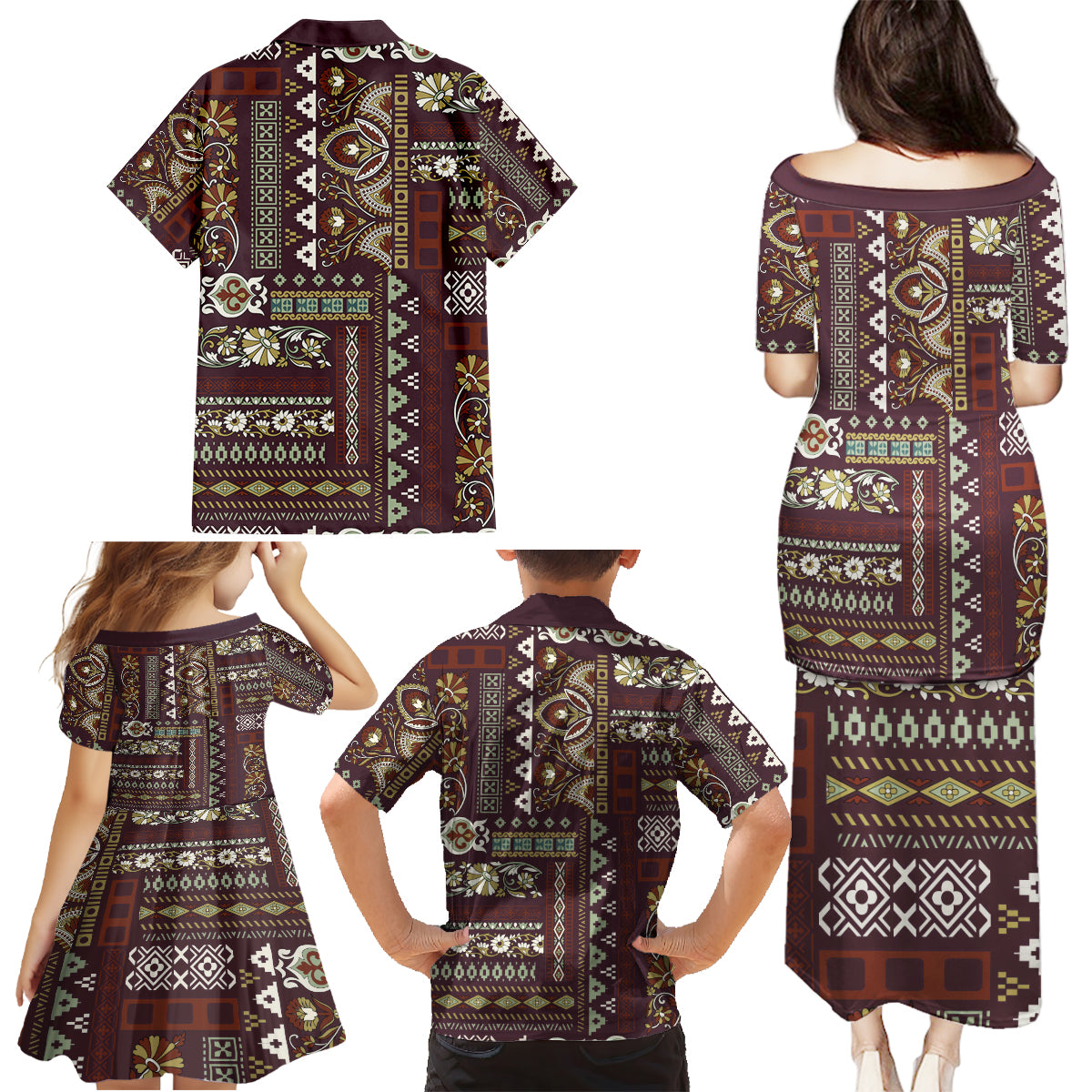 Persian Patchwork Pattern Family Matching Puletasi and Hawaiian Shirt Unique Brown - Wonder Print Shop