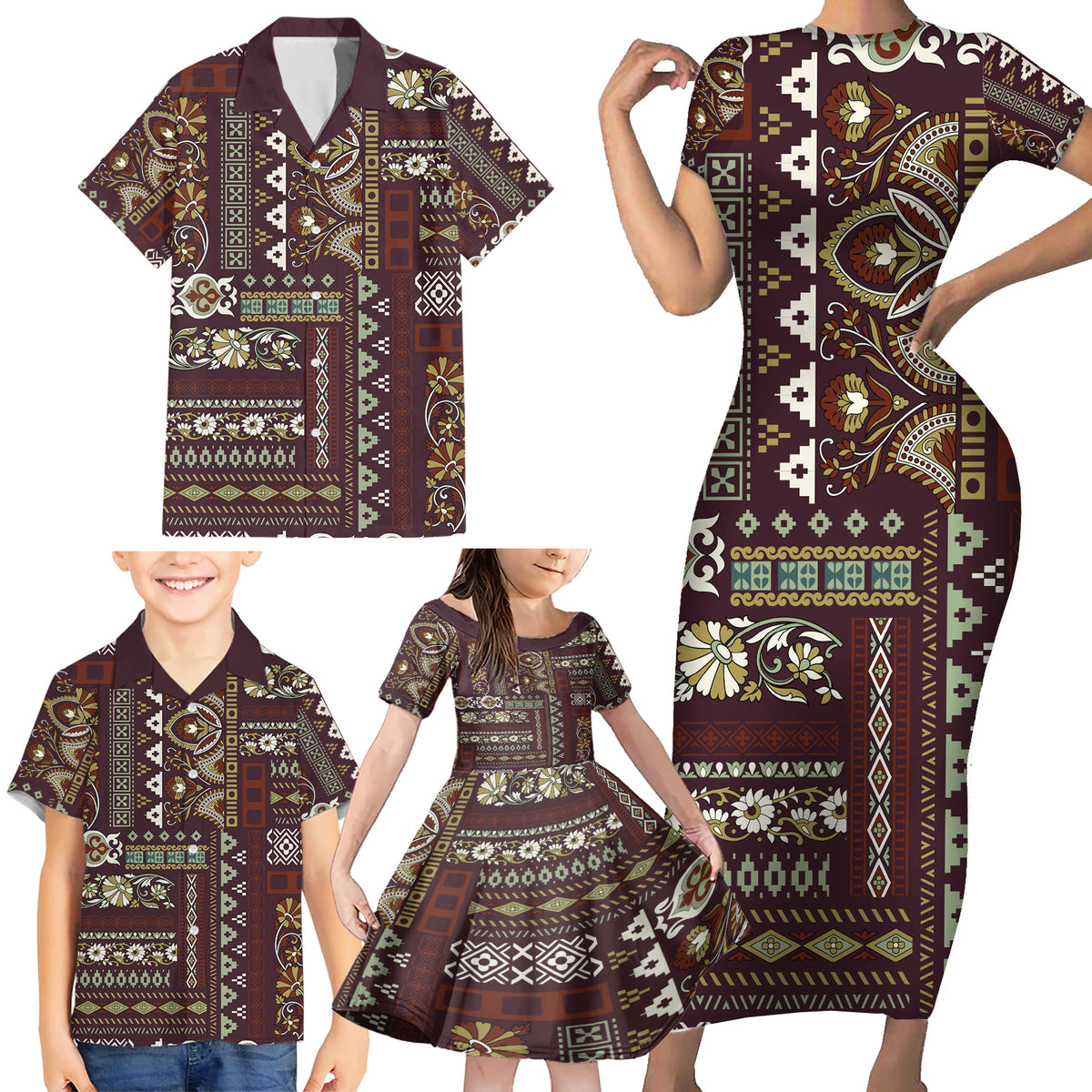 Persian Patchwork Pattern Family Matching Short Sleeve Bodycon Dress and Hawaiian Shirt Unique Brown - Wonder Print Shop