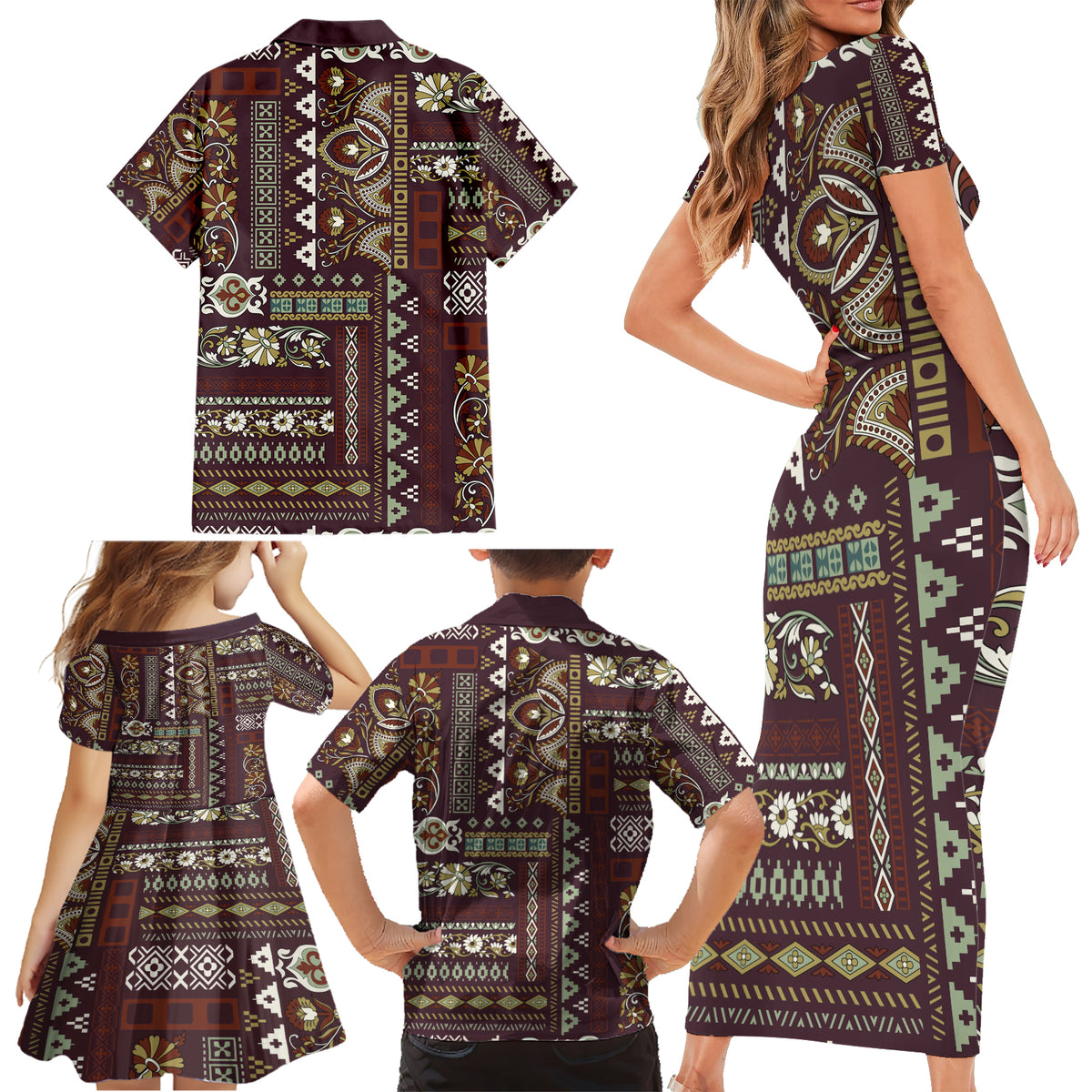 Persian Patchwork Pattern Family Matching Short Sleeve Bodycon Dress and Hawaiian Shirt Unique Brown - Wonder Print Shop