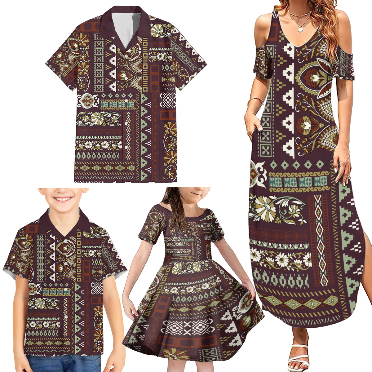 Persian Patchwork Pattern Family Matching Summer Maxi Dress and Hawaiian Shirt Unique Brown - Wonder Print Shop