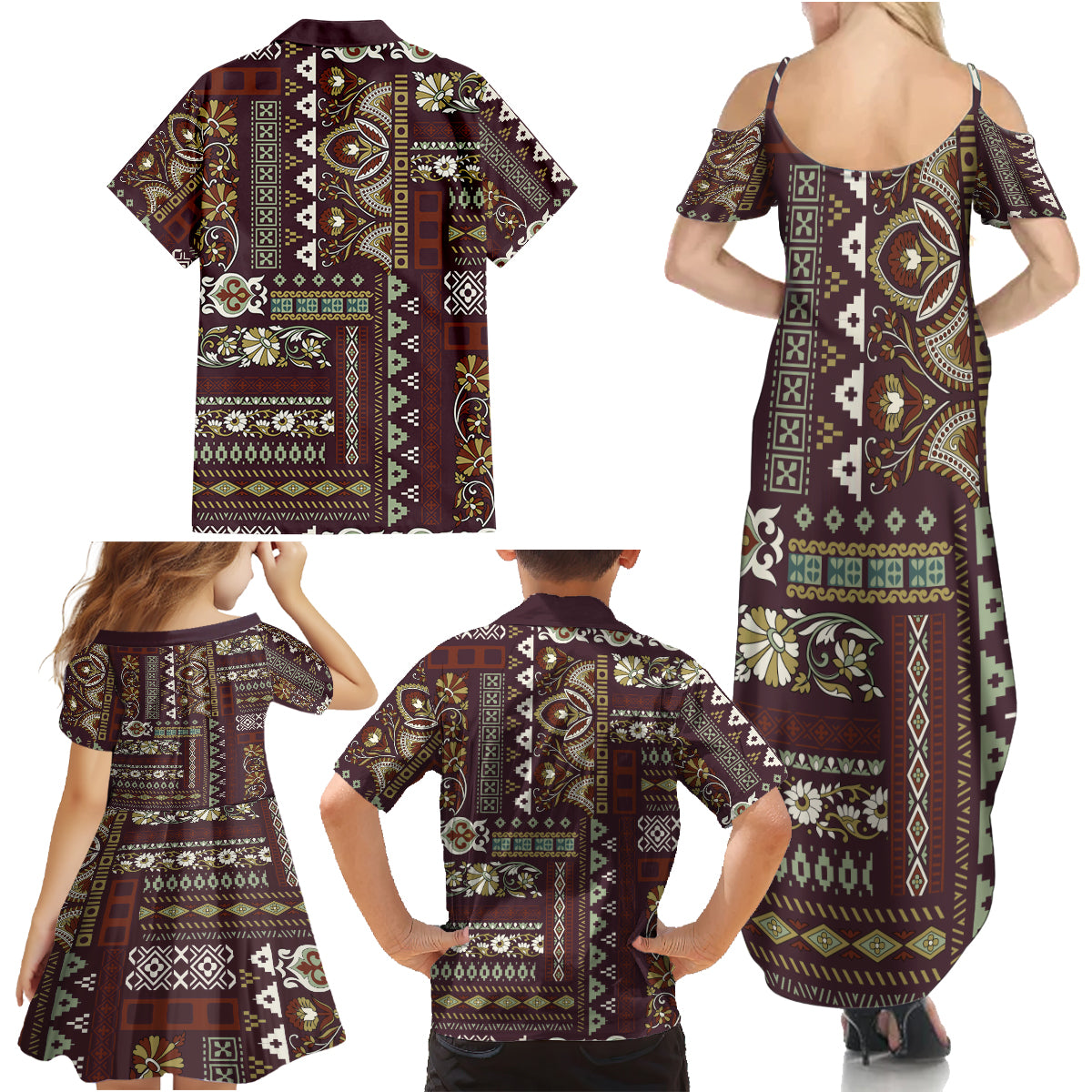 Persian Patchwork Pattern Family Matching Summer Maxi Dress and Hawaiian Shirt Unique Brown - Wonder Print Shop