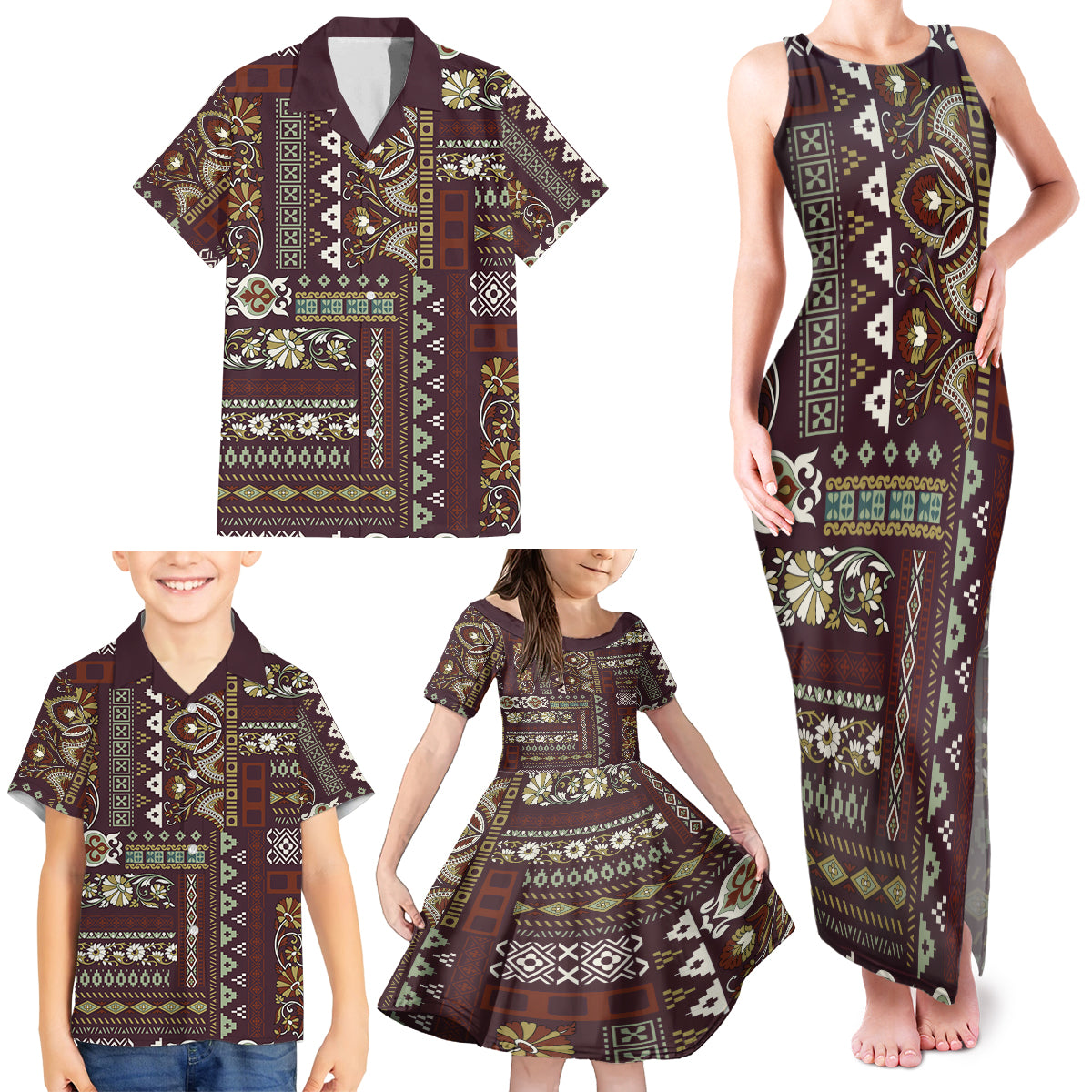 Persian Patchwork Pattern Family Matching Tank Maxi Dress and Hawaiian Shirt Unique Brown - Wonder Print Shop