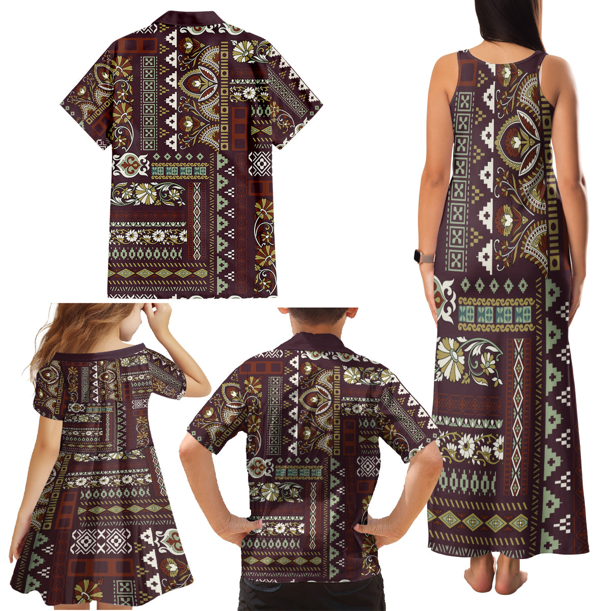Persian Patchwork Pattern Family Matching Tank Maxi Dress and Hawaiian Shirt Unique Brown - Wonder Print Shop