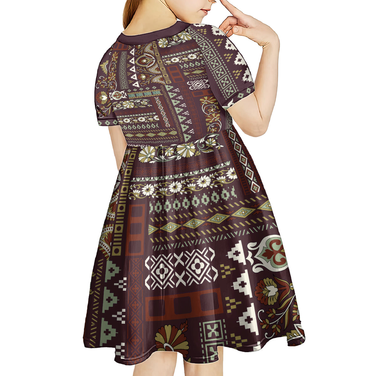 Persian Patchwork Pattern Kid Short Sleeve Dress Unique Brown - Wonder Print Shop