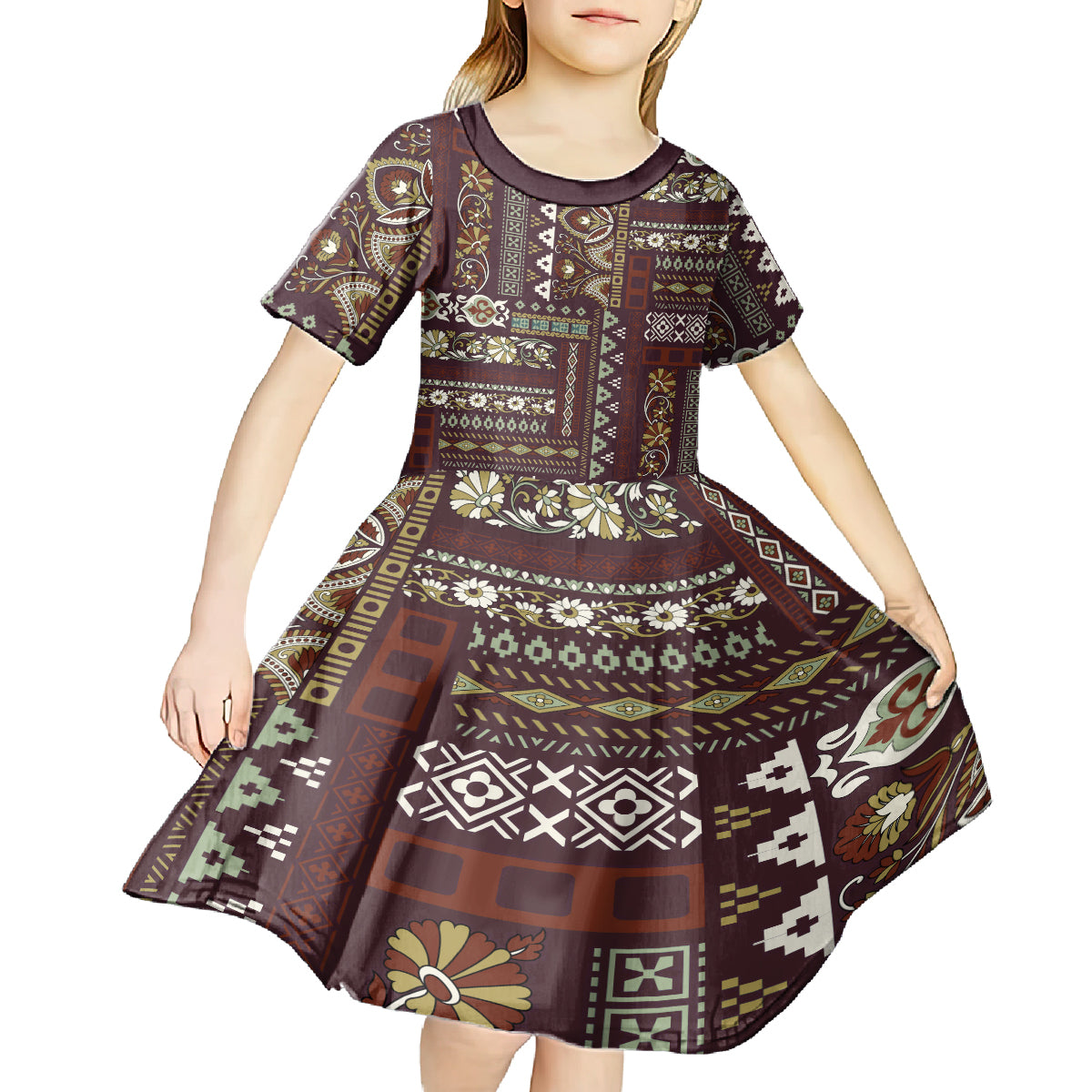Persian Patchwork Pattern Kid Short Sleeve Dress Unique Brown - Wonder Print Shop