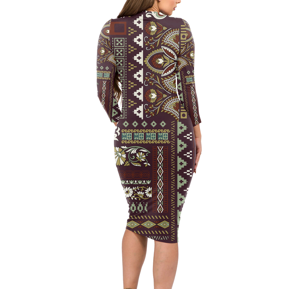 Persian Patchwork Pattern Long Sleeve Bodycon Dress Unique Brown - Wonder Print Shop