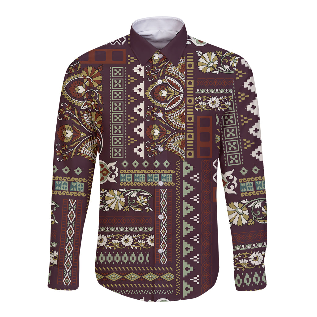 Persian Patchwork Pattern Long Sleeve Button Shirt Unique Brown - Wonder Print Shop
