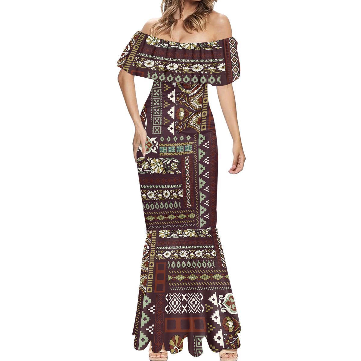 Persian Patchwork Pattern Mermaid Dress Unique Brown - Wonder Print Shop