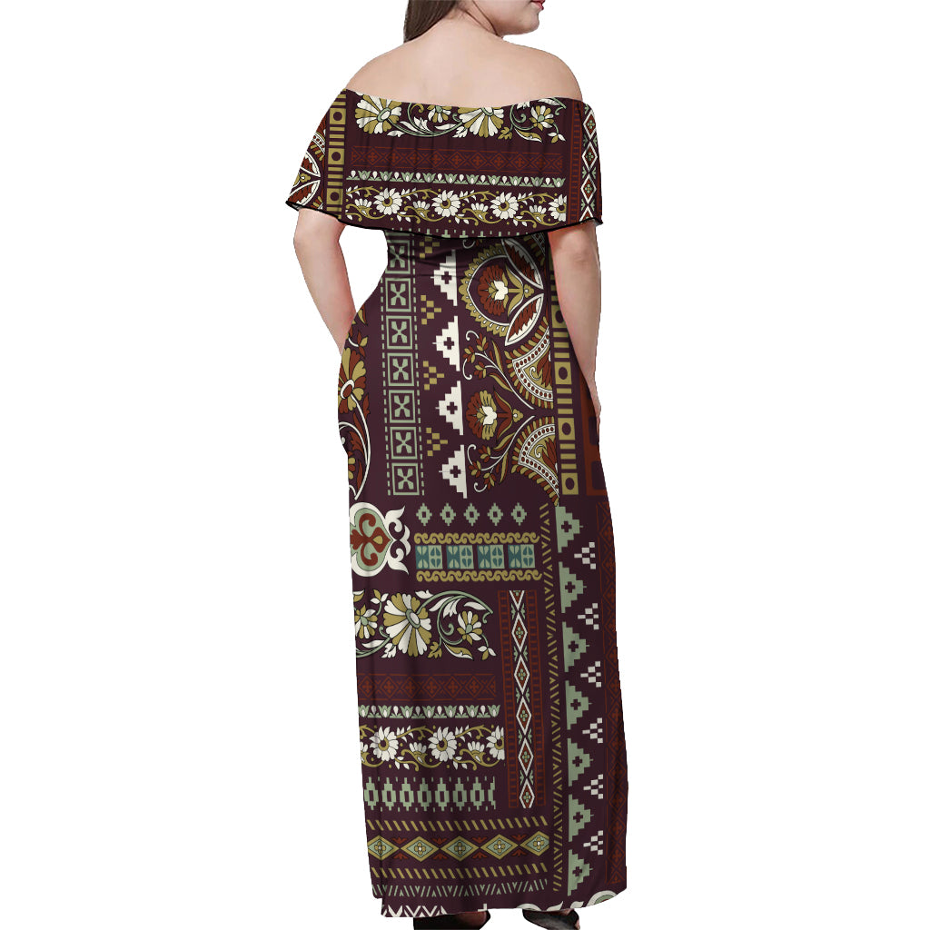 Persian Patchwork Pattern Off Shoulder Maxi Dress Unique Brown - Wonder Print Shop