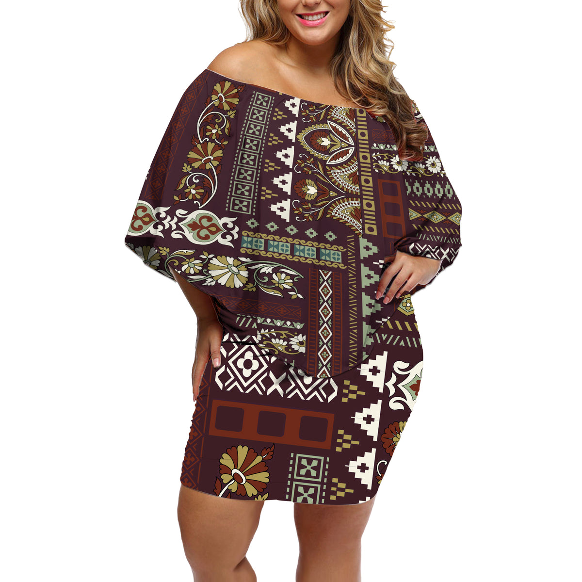 Persian Patchwork Pattern Off Shoulder Short Dress Unique Brown - Wonder Print Shop
