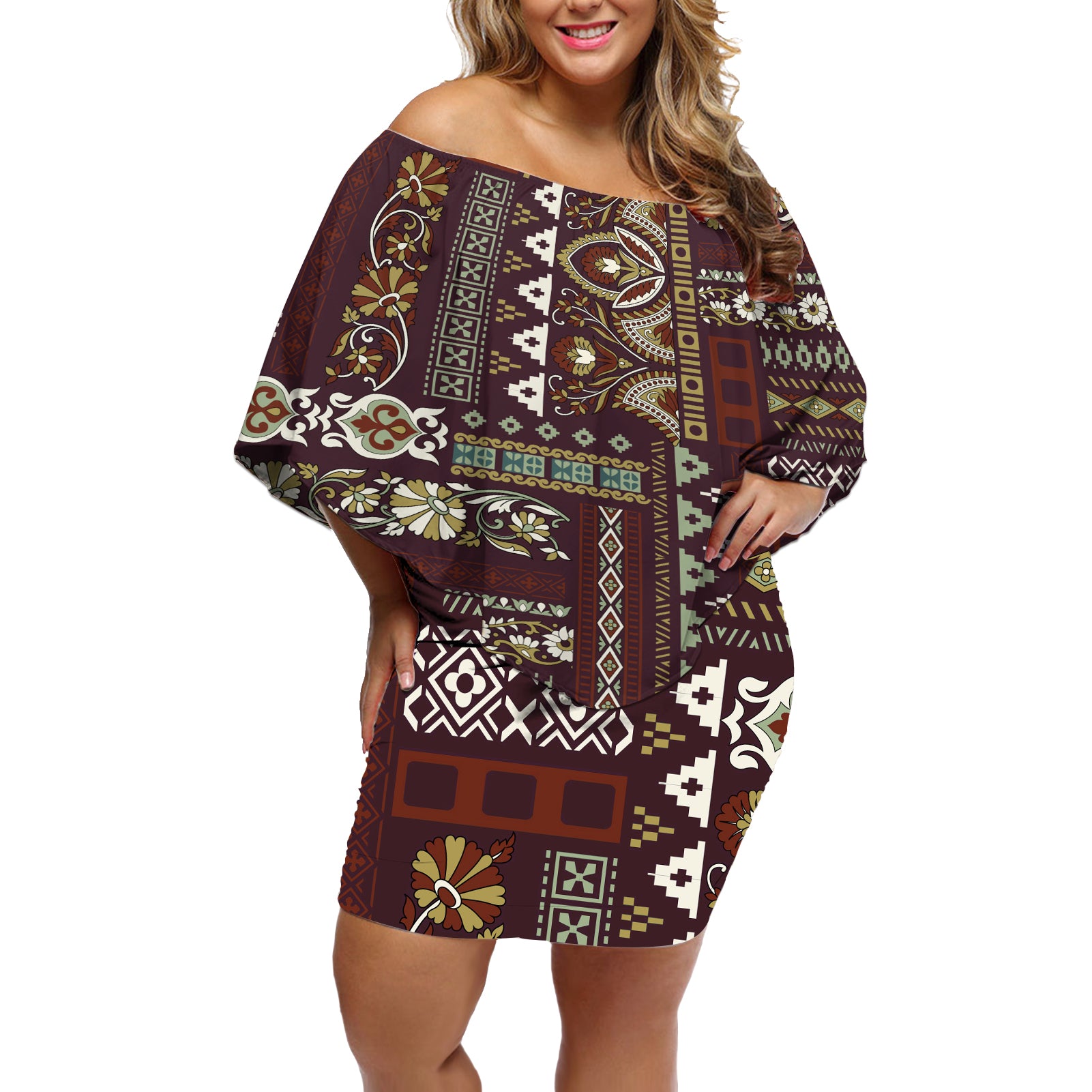Persian Patchwork Pattern Off Shoulder Short Dress Unique Brown - Wonder Print Shop