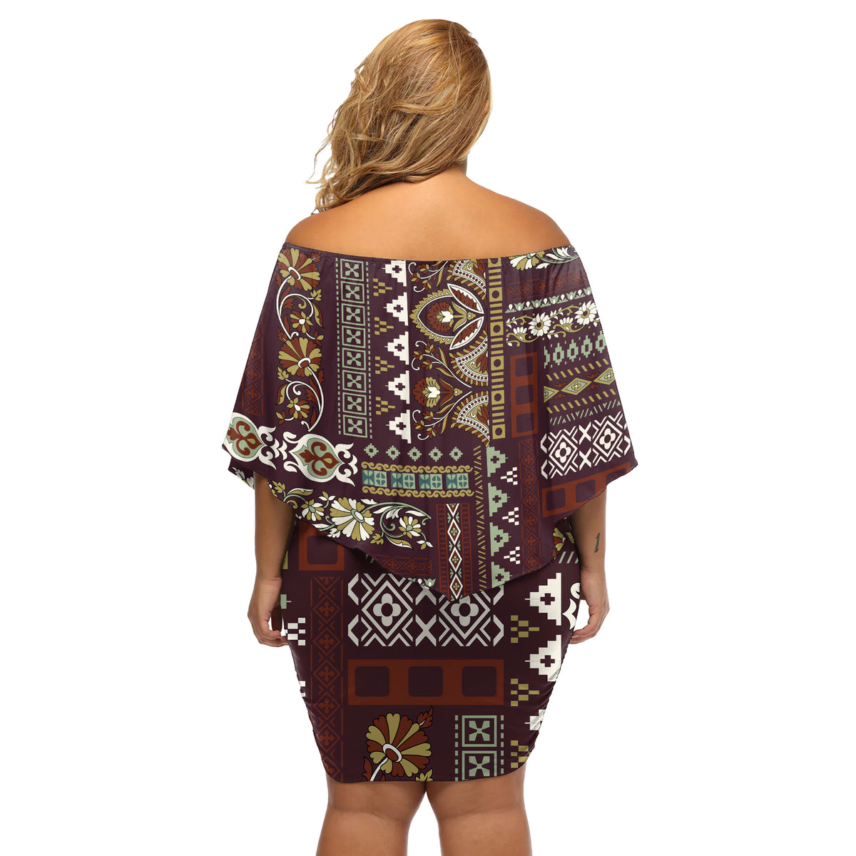 Persian Patchwork Pattern Off Shoulder Short Dress Unique Brown - Wonder Print Shop