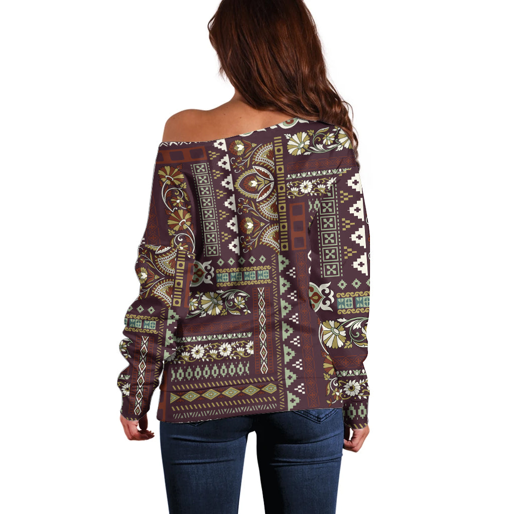 Persian Patchwork Pattern Off Shoulder Sweater Unique Brown - Wonder Print Shop