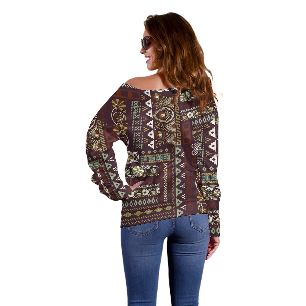 Persian Patchwork Pattern Off Shoulder Sweater Unique Brown - Wonder Print Shop