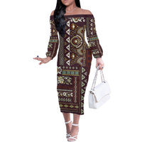 Persian Patchwork Pattern Off The Shoulder Long Sleeve Dress Unique Brown - Wonder Print Shop