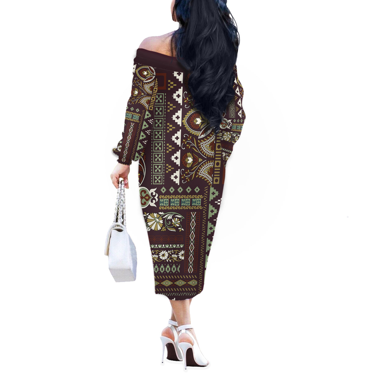 Persian Patchwork Pattern Off The Shoulder Long Sleeve Dress Unique Brown - Wonder Print Shop