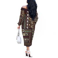 Persian Patchwork Pattern Off The Shoulder Long Sleeve Dress Unique Brown - Wonder Print Shop