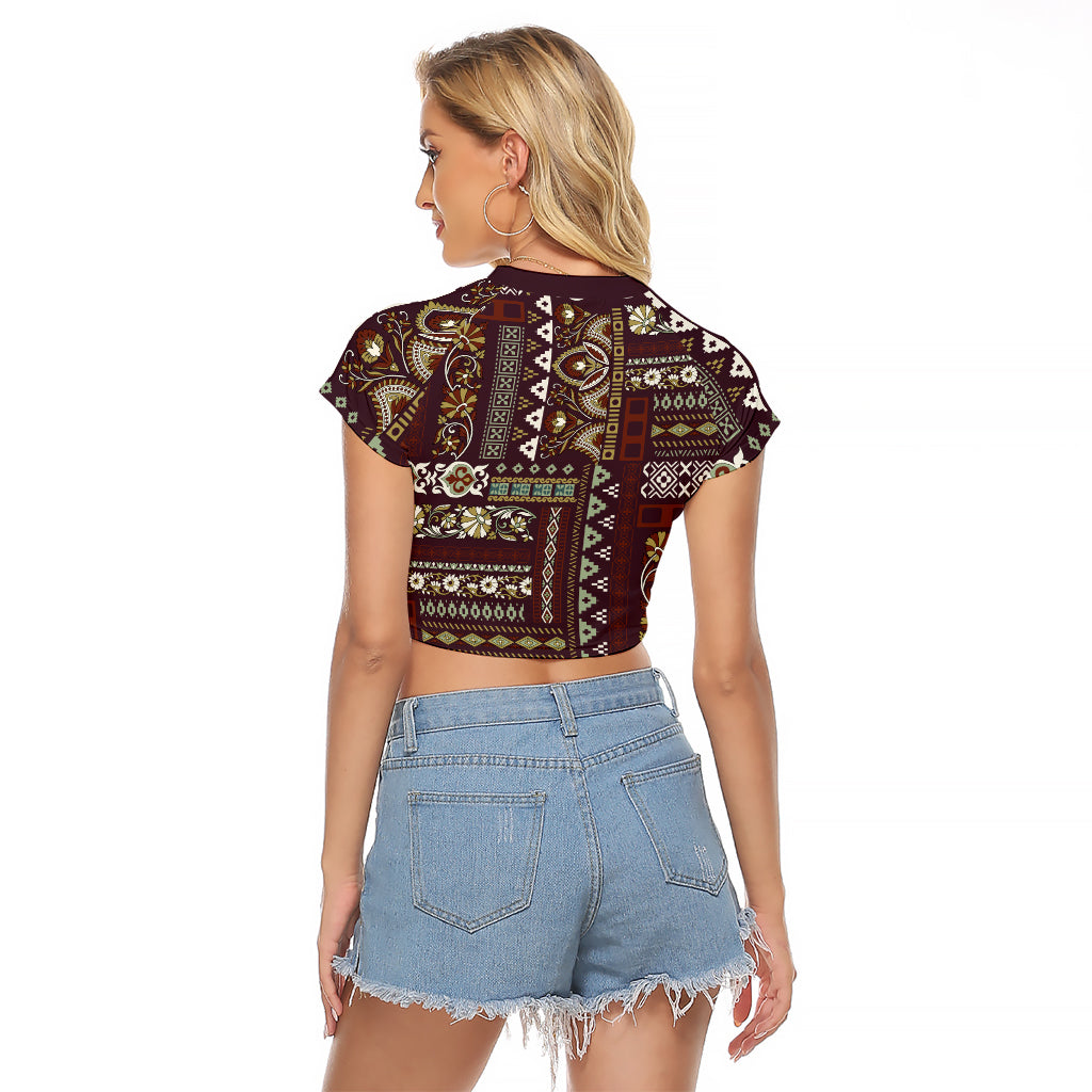 Persian Patchwork Pattern Raglan Cropped T Shirt Unique Brown - Wonder Print Shop