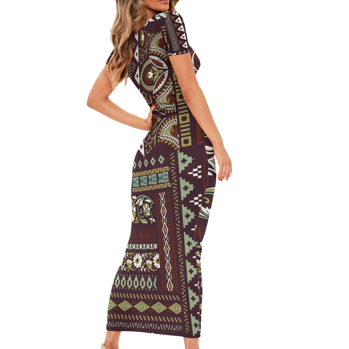 Persian Patchwork Pattern Short Sleeve Bodycon Dress Unique Brown - Wonder Print Shop
