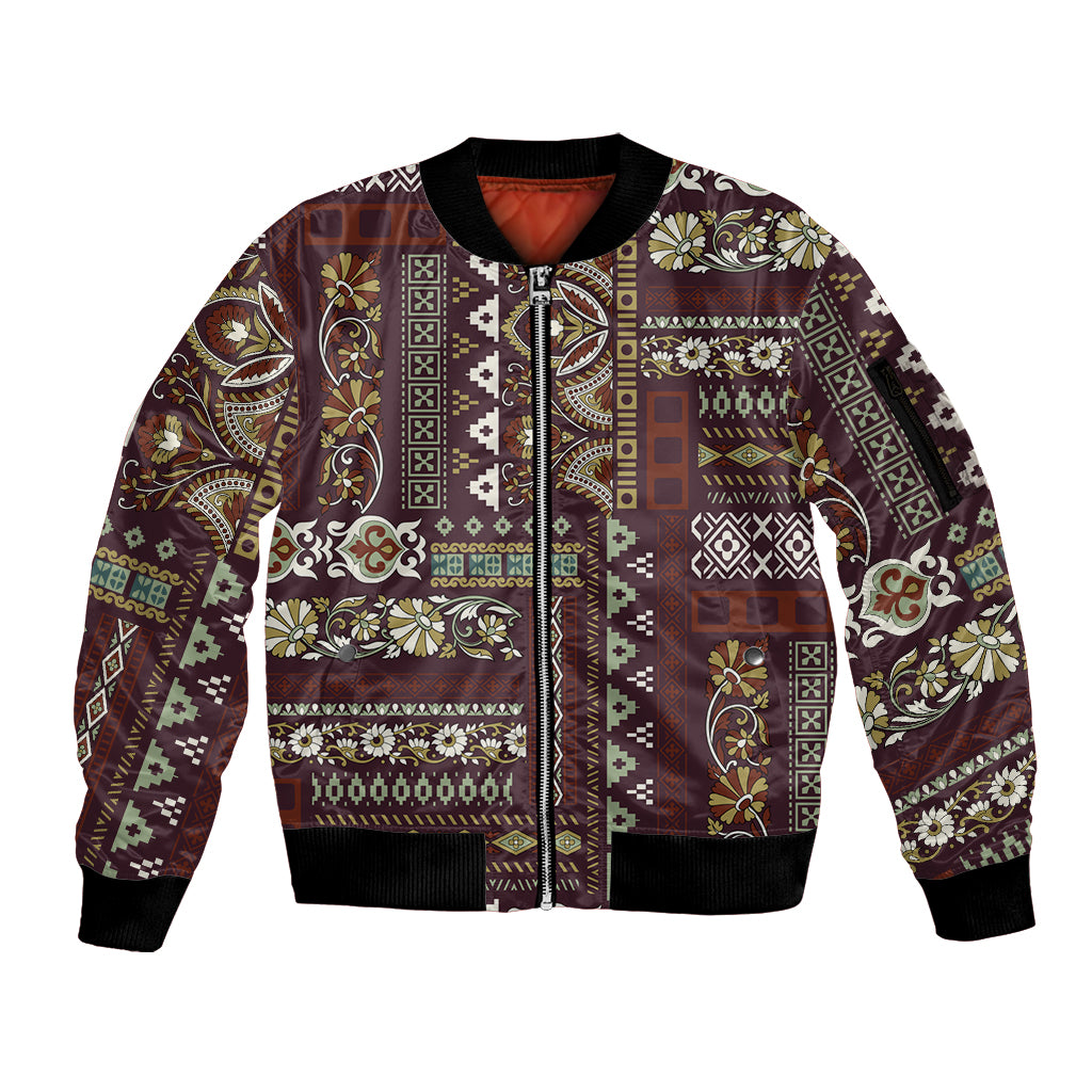 Persian Patchwork Pattern Sleeve Zip Bomber Jacket Unique Brown - Wonder Print Shop
