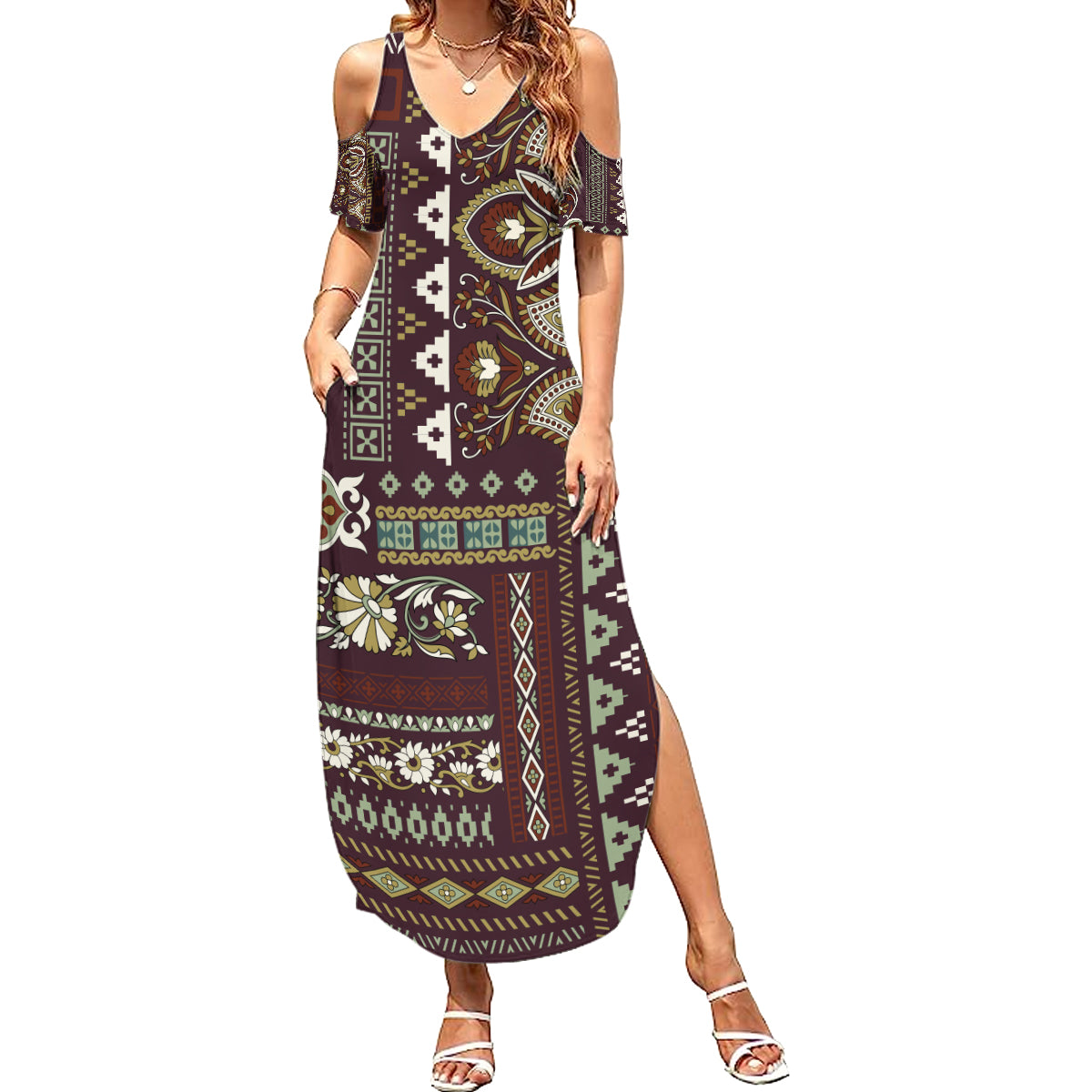 Persian Patchwork Pattern Summer Maxi Dress Unique Brown - Wonder Print Shop