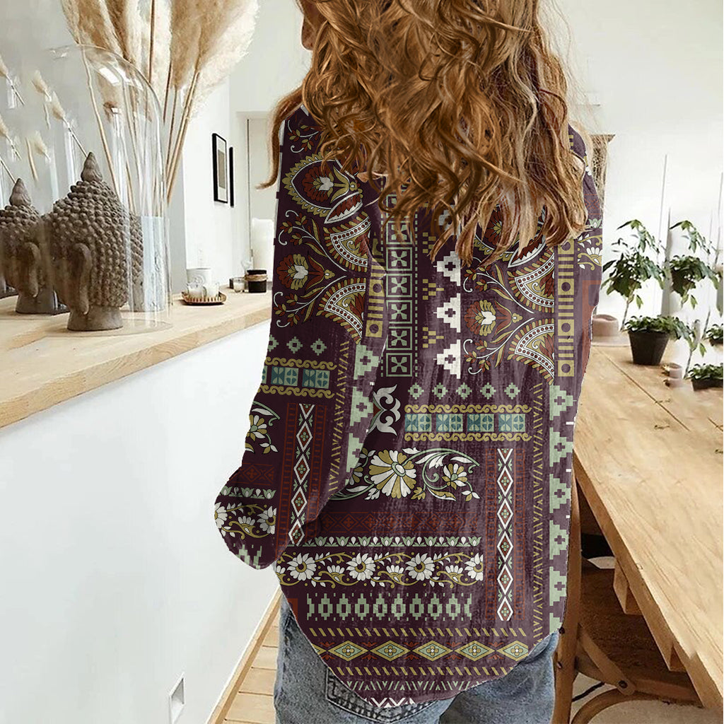 Persian Patchwork Pattern Women Casual Shirt Unique Brown - Wonder Print Shop