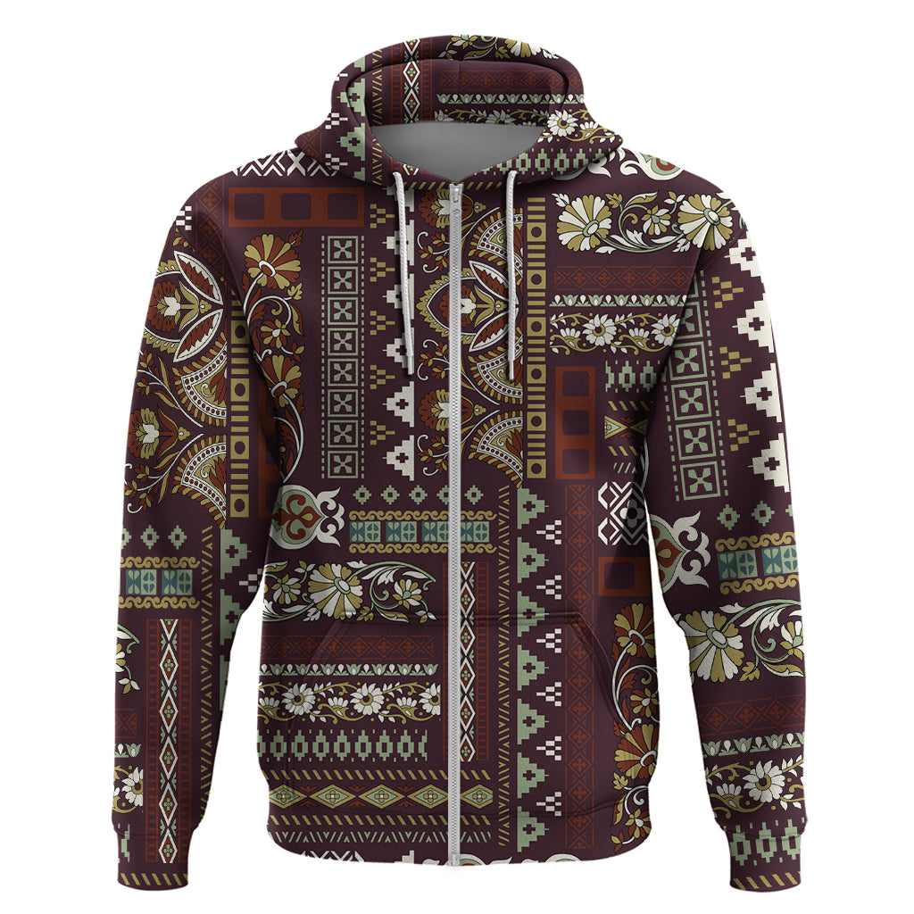 Persian Patchwork Pattern Zip Hoodie Unique Brown - Wonder Print Shop