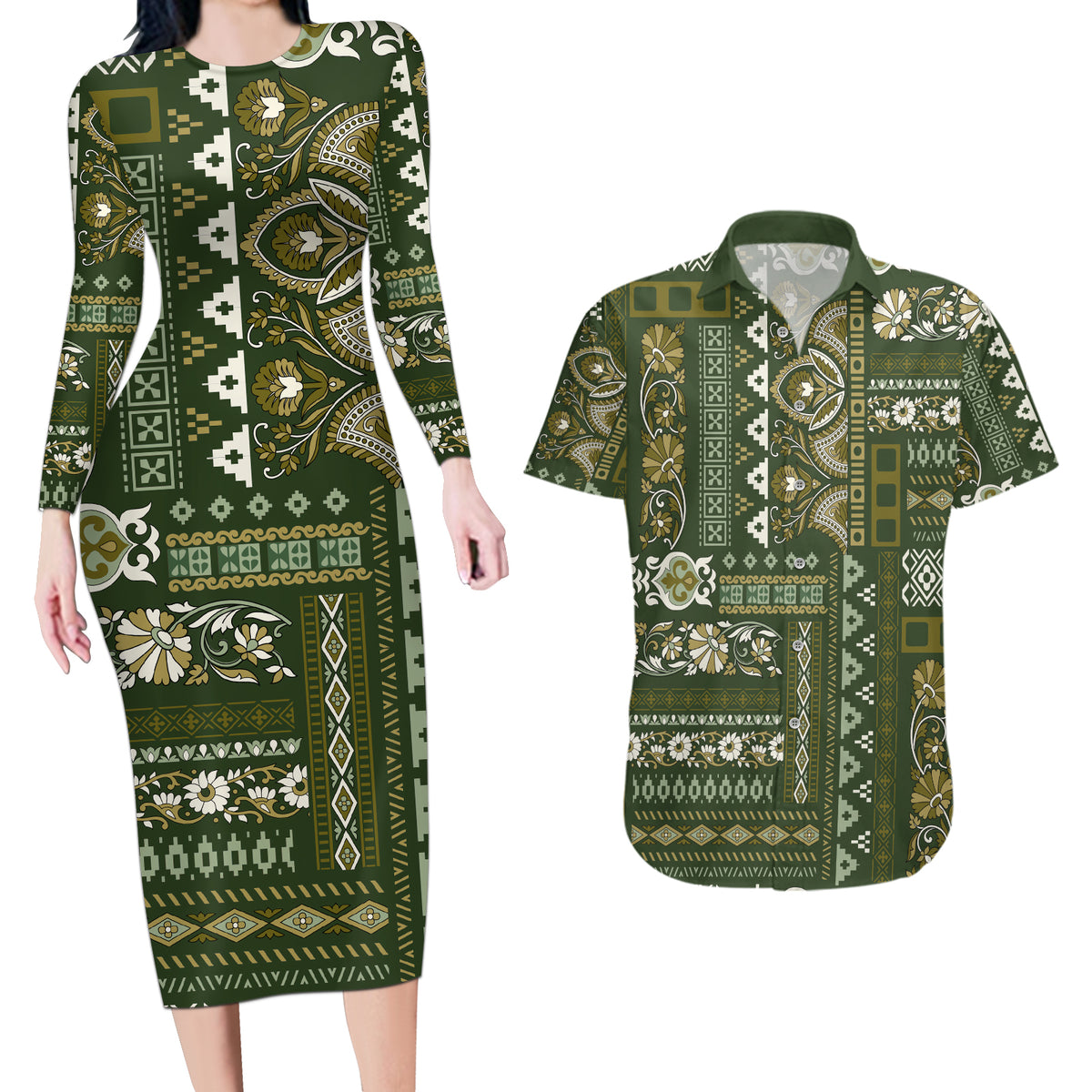 Persian Patchwork Pattern Couples Matching Long Sleeve Bodycon Dress and Hawaiian Shirt Unique Green - Wonder Print Shop