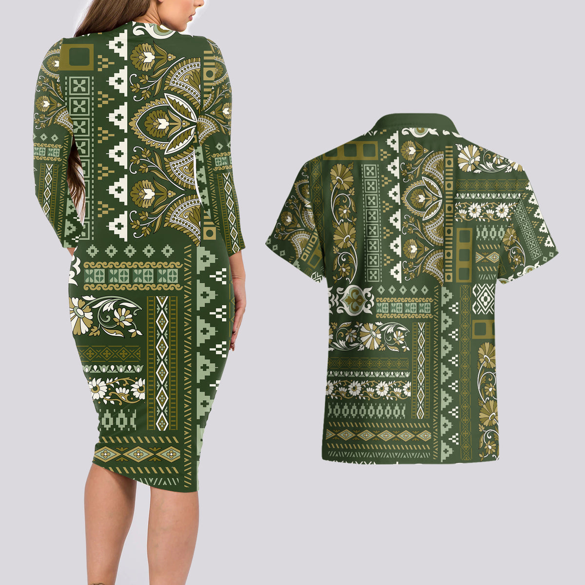 Persian Patchwork Pattern Couples Matching Long Sleeve Bodycon Dress and Hawaiian Shirt Unique Green - Wonder Print Shop