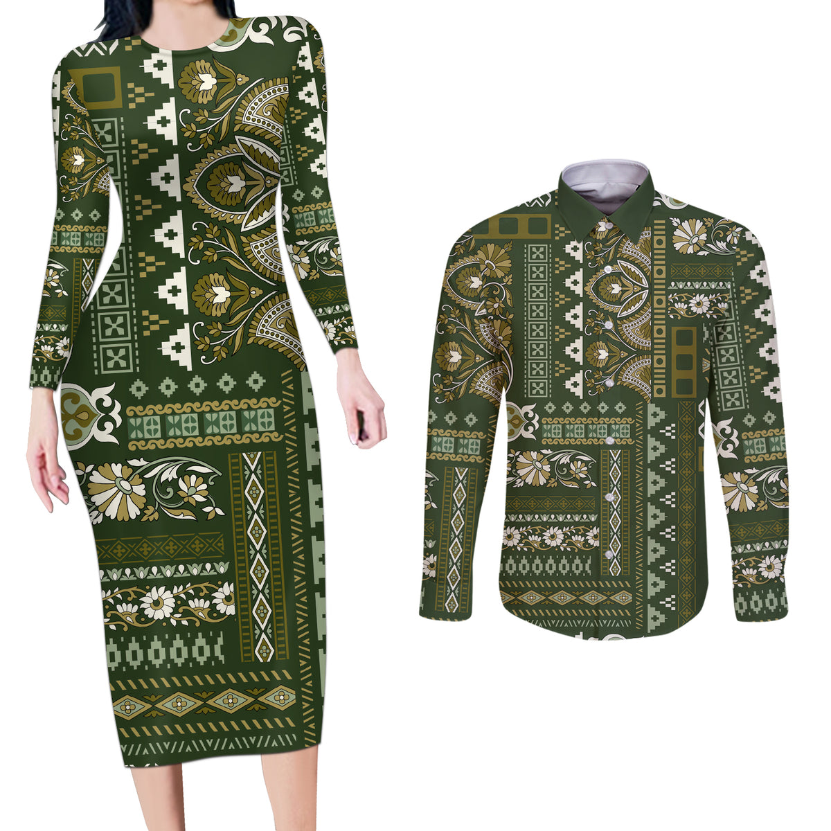 Persian Patchwork Pattern Couples Matching Long Sleeve Bodycon Dress and Long Sleeve Button Shirt Unique Green - Wonder Print Shop
