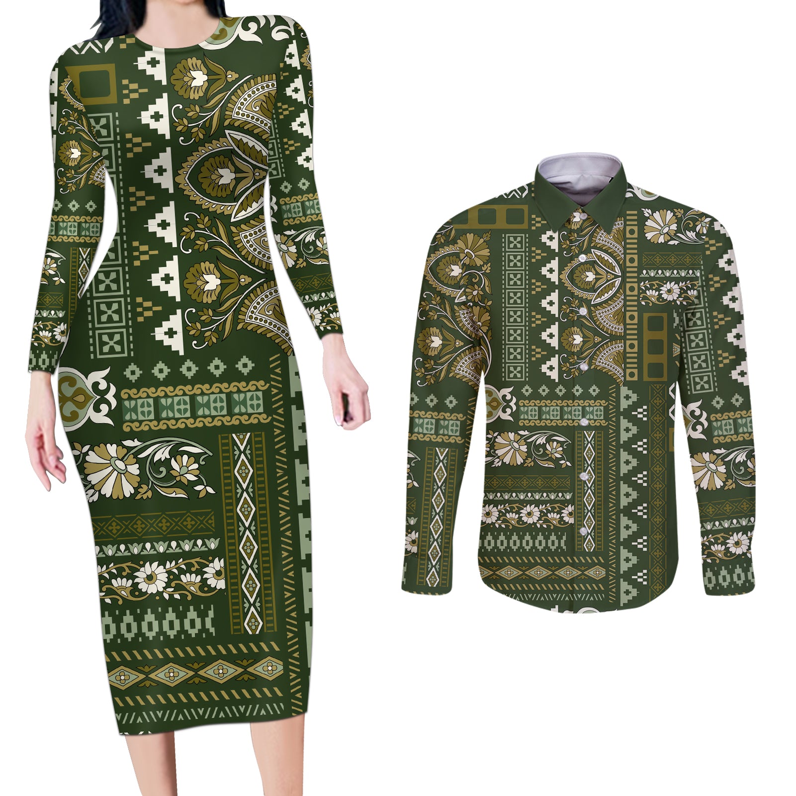 Persian Patchwork Pattern Couples Matching Long Sleeve Bodycon Dress and Long Sleeve Button Shirt Unique Green - Wonder Print Shop