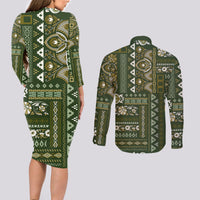 Persian Patchwork Pattern Couples Matching Long Sleeve Bodycon Dress and Long Sleeve Button Shirt Unique Green - Wonder Print Shop