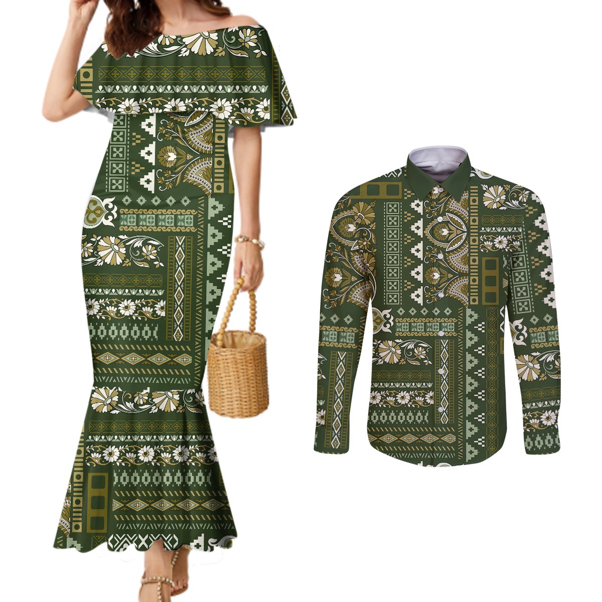 Persian Patchwork Pattern Couples Matching Mermaid Dress and Long Sleeve Button Shirt Unique Green
