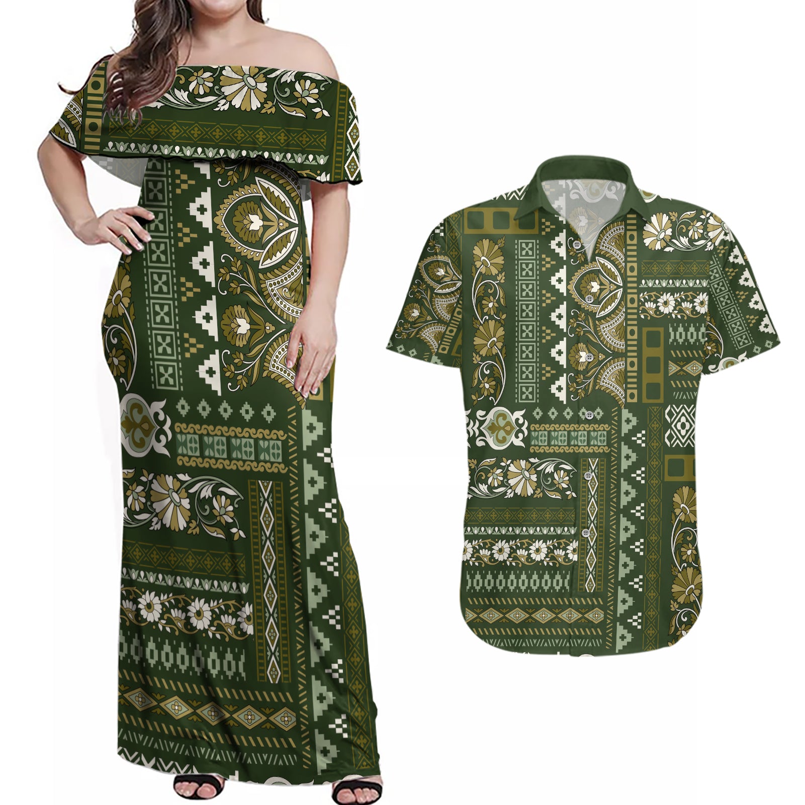 Persian Patchwork Pattern Couples Matching Off Shoulder Maxi Dress and Hawaiian Shirt Unique Green - Wonder Print Shop