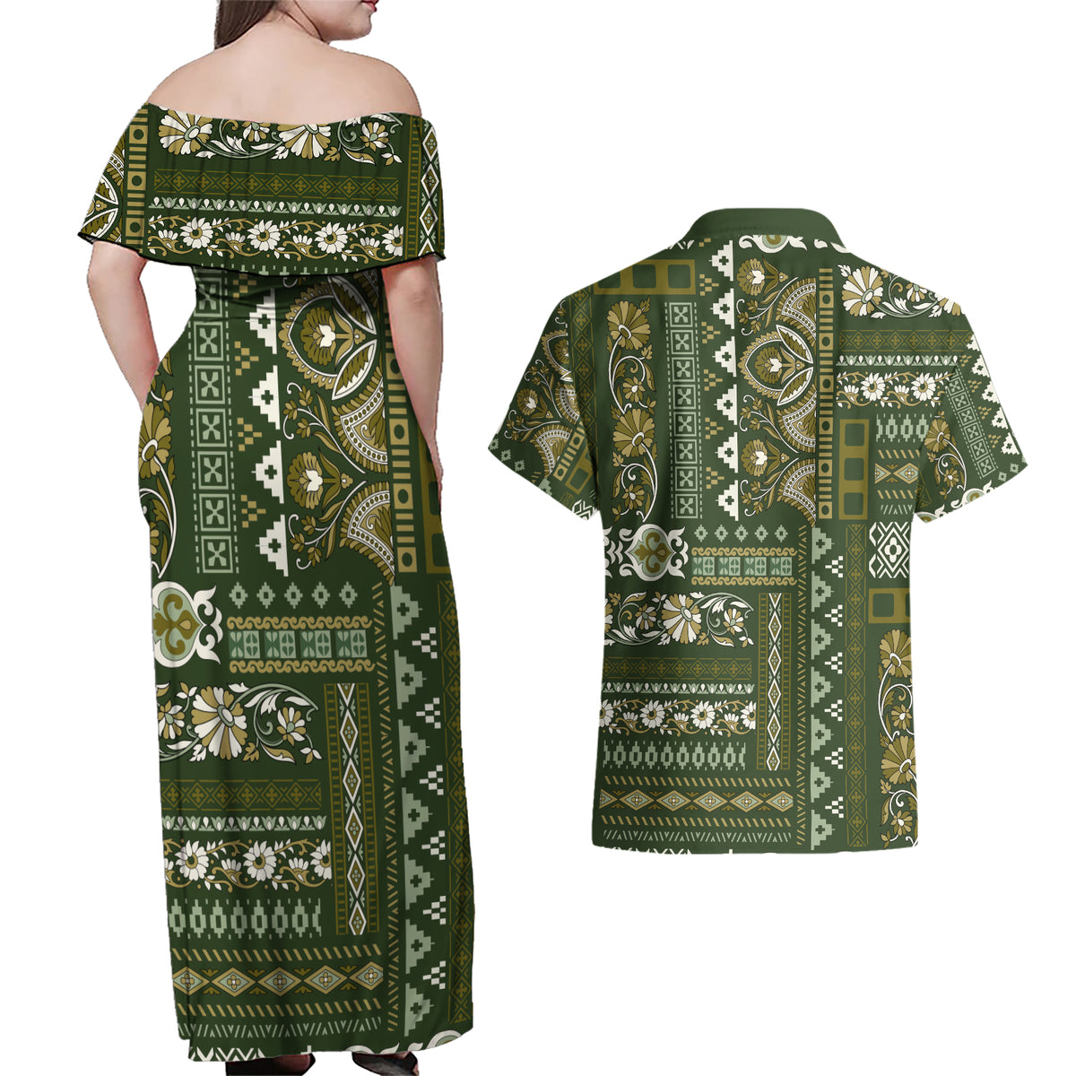 Persian Patchwork Pattern Couples Matching Off Shoulder Maxi Dress and Hawaiian Shirt Unique Green - Wonder Print Shop