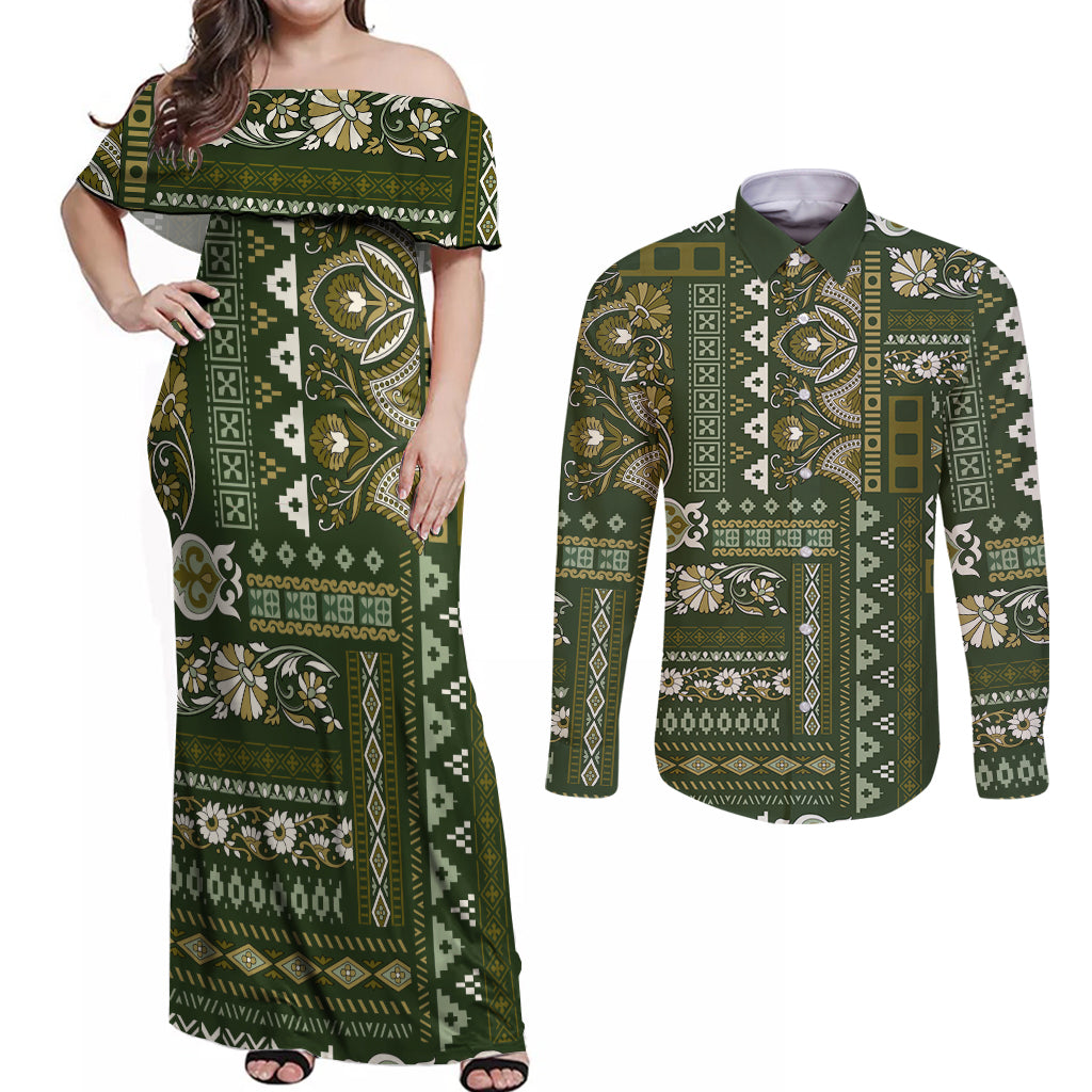Persian Patchwork Pattern Couples Matching Off Shoulder Maxi Dress and Long Sleeve Button Shirt Unique Green - Wonder Print Shop