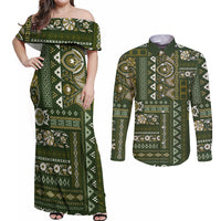 Persian Patchwork Pattern Couples Matching Off Shoulder Maxi Dress and Long Sleeve Button Shirt Unique Green - Wonder Print Shop