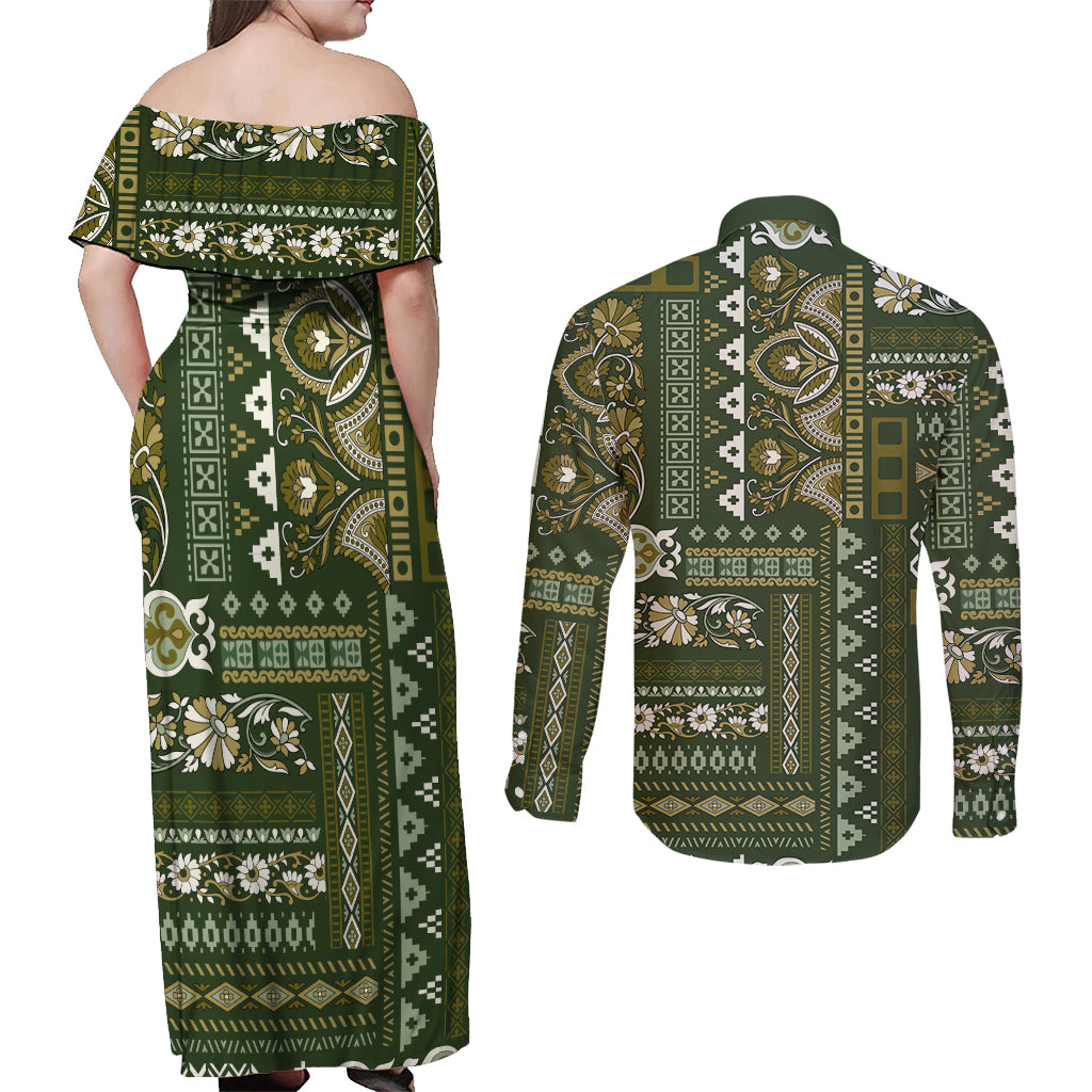 Persian Patchwork Pattern Couples Matching Off Shoulder Maxi Dress and Long Sleeve Button Shirt Unique Green - Wonder Print Shop